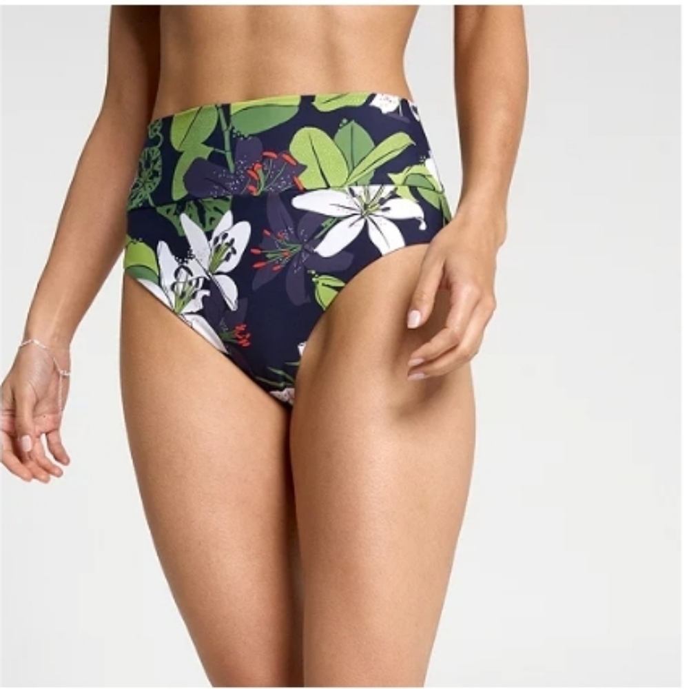 CALIA by Carrie Underwood Floral High- Waist Bikini Bottom, Opulent Bluelily,NWT